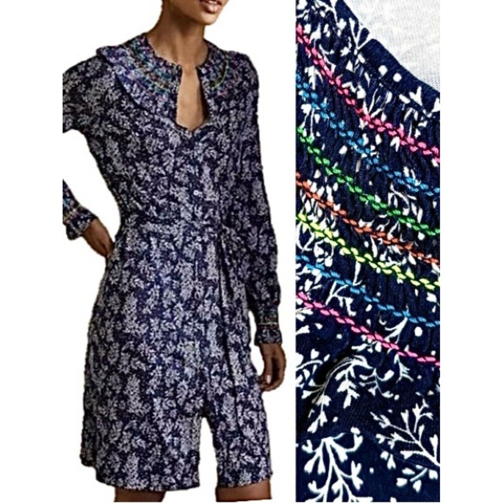 Boden Floral Rainbow Stitch Smocked Knit Button Down Midi Dress Size 14 Pockets